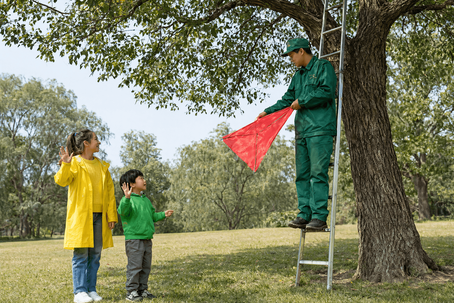 A park worker uses a long ladder to get the kite down. Zara and Max are smiling and thanking him.